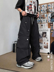 TECCULI Men's Casual Streetwear Cargo Pants - Comfortable Loose Fit, Multi-Pocket Design with Button Detail, Perfect for Outdoor & Casual Attire