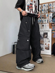 TECCULI Men's Casual Streetwear Cargo Pants - Comfortable Loose Fit, Multi-Pocket Design with Button Detail, Perfect for Outdoor & Casual Attire