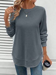 Sudadera LUNE de cuello redondo, dobladillo asimétrico, tejido con textura de gofre, silueta básica, informal y cómoda, para mujer, tops de manga larga