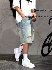 Men's Light Washed Distressed Denim Jean Shorts, US Style Casual Loose Straight Knee-Length Shorts For Summer