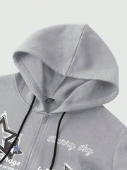 Manfinity EMRG Men's Slogan & Pentagram Print Drop Shoulder Long Sleeve Zip Collar Casual Hoodie, AutumnWinter