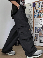 TECCULI Men's Casual Streetwear Cargo Pants - Comfortable Loose Fit, Multi-Pocket Design with Button Detail, Perfect for Outdoor & Casual Attire