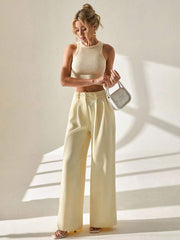 CLARA VERO Women's Butter Yellow Pleated Wide Leg Elegant Suit Pants