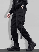 TECCULI Men's Loose Fit Multi-Pocket Cargo Pants,Solid Color Drawstring Design for Outdoor Activities Menswear Polyester Black Stretch Trouser Fabric