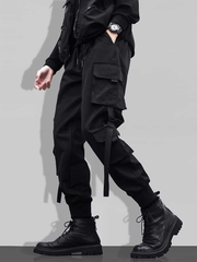 Pantalones cargo TECCULI holgados con múltiples bolsillos para hombre, diseño de cordón de color sólido para actividades al aire libre, tela elástica de poliéster negro.