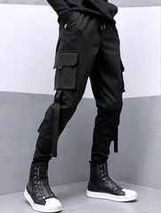 Pantalones cargo TECCULI holgados con múltiples bolsillos para hombre, diseño de cordón de color sólido para actividades al aire libre, tela elástica de poliéster negro.