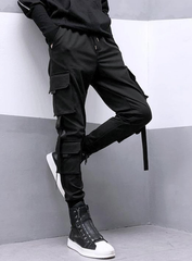 Pantalones cargo TECCULI holgados con múltiples bolsillos para hombre, diseño de cordón de color sólido para actividades al aire libre, tela elástica de poliéster negro.