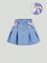 Wildeya Tween Girls' Fashionable Versatile Casual Light Blue Pleated Washed Denim Skirt With Pink Bow