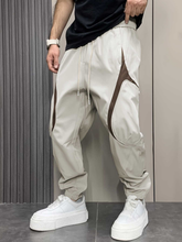 TECCULI Men's Lightweight Color Block Cargo Pants - Breathable, Loose Fit with Drawstring Ankles, Multiple Pockets, Beige & Brown Design for Casual Streetwear, Spring & Summer Collection, Outdoor Travel Pants, Breathable Fabric Menswea