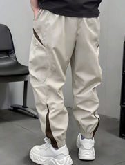 TECCULI Men's Lightweight Color Block Cargo Pants - Breathable, Loose Fit with Drawstring Ankles, Multiple Pockets, Beige & Brown Design for Casual Streetwear, Spring & Summer Collection, Outdoor Travel Pants, Breathable Fabric Menswea