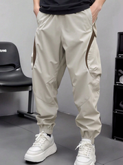 TECCULI Men's Lightweight Color Block Cargo Pants - Breathable, Loose Fit with Drawstring Ankles, Multiple Pockets, Beige & Brown Design for Casual Streetwear, Spring & Summer Collection, Outdoor Travel Pants, Breathable Fabric Menswea