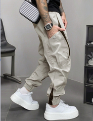 TECCULI Men's Lightweight Color Block Cargo Pants - Breathable, Loose Fit with Drawstring Ankles, Multiple Pockets, Beige & Brown Design for Casual Streetwear, Spring & Summer Collection, Outdoor Travel Pants, Breathable Fabric Menswea