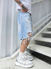 Manfinity EMRG Loose Men Cotton Ripped Frayed Raw Hem Denim Shorts