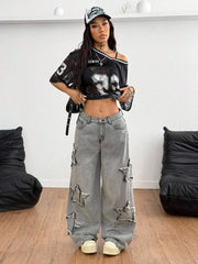 Vaqueros lavados Coolane para mujer, estilo rapero, estilo deportivo, estilo grunge con estampado de estrellas
