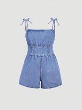 Girlism Tween Girls Summer Boho Cute Knot Shoulder Ruched Bust Cami Baggy Denim Jumpsuit Romper,Girls Summer Vacation Clothes Outfits