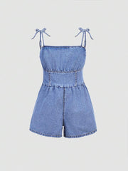 Girlism Tween Girls Summer Boho Cute Knot Shoulder Ruched Bust Cami Baggy Denim Jumpsuit Romper,Girls Summer Vacation Clothes Outfits