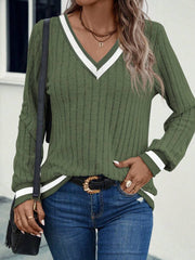 LUNE - Sudadera informal de cuello en V con diseño de patchwork de color liso para mujer, ideal para graduaciones y regreso a clases.