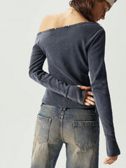 Camiseta de manga corta con cuello asimétrico de punto de color liso para mujer de Bohemela BOHO