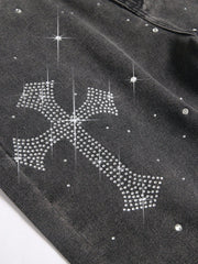 Men's Casual Summer Rhinestone Decor Oblique Pocket Denim Shorts