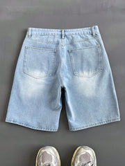 Light Blue Men's Loose Letter & Cartoon Print Washed Denim Shorts, Casual & Fashionable Streetwear Style Bermuda Shorts