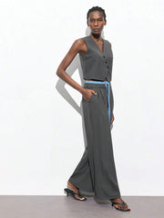 Maija 2025 Summer New Mixed Fabric Waist Drawstring, Bowknot Design Straight Leg Pants, Suitable For Music Festivals, Beaches, Holidays, Casual, Romantic City Vacations, Outings, Weddings, Graduation Attire Fo