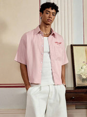 SWAVVY - Pantalones cortos casuales de rayas rojas y blancas de talla estándar para hombre, con camisa bordada holgada, para la escuela