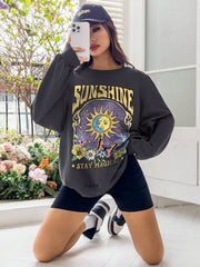 Sudadera EZwear informal con estampado de sol y mariposas, cuello redondo, corte holgado, para mujer, otoño-invierno, manga larga