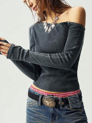 Camiseta de manga corta con cuello asimétrico de punto de color liso para mujer de Bohemela BOHO