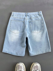 Light Blue Men's Loose Letter & Cartoon Print Washed Denim Shorts, Casual & Fashionable Streetwear Style Bermuda Shorts