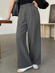 Pantalones de traje holgados plisados informales con bolsillo frontal y botones de color liso para mujer de DAZY, pantalones de vestir para mujer