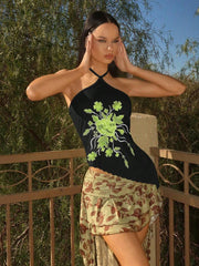 EgrlEra - Camiseta sin mangas con cuello halter, asimétrica, estilo sexy y bordado falso para mujer