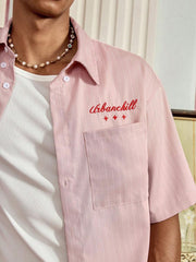 SWAVVY - Pantalones cortos casuales de rayas rojas y blancas de talla estándar para hombre, con camisa bordada holgada, para la escuela