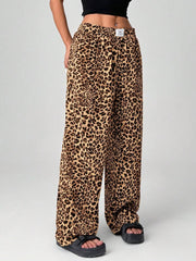 Pantalones anchos de tejido con estampado de leopardo EZwear para mujer