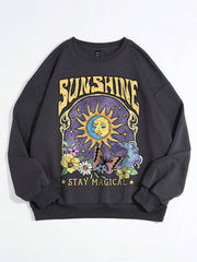 Sudadera EZwear informal con estampado de sol y mariposas, cuello redondo, corte holgado, para mujer, otoño-invierno, manga larga