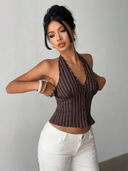 Blazer fino Aloruh de algodón a rayas con cuello alto y botonadura sencilla para mujer