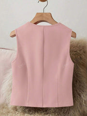 Women's Elegant Sleeveless V-Neck Suit Jacket, Fashionable Front Button Waistcoat Jacket For All Seasons