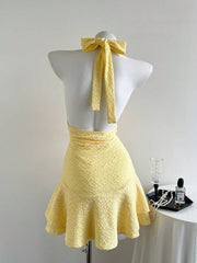 Elamini - Vestido corto informal de verano para mujer, de tejido de punto, color liso, con doble capa, volantes, cuello halter y lazo