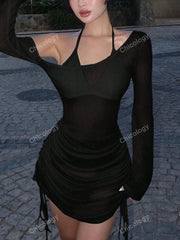 Vestido asimétrico con cuello y mangas acampanadas laterales y cordón ajustable, sin sujetador