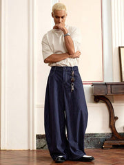 SWAVVY Men's Fashion Casual Woven Oversized Blue Striped 3D Letters Embroidered Baggy Pants, For Daily Summer School