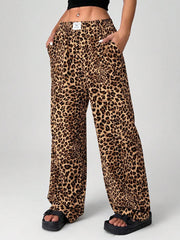 Pantalones anchos de tejido con estampado de leopardo EZwear para mujer
