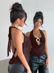 Aloruh - Nuevo chaleco sexy semitransparente con escote pronunciado, espalda descubierta y decoración metálica