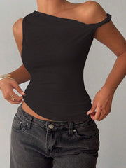 Women's Fashion Solid Color Asymmetric Neck Blouse, Summer