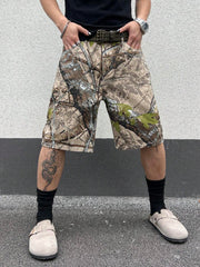 Manfinity LEGND Men's Casual Tree Branch Print Camo Green Baggy Denim Shorts Jorts, For Husband, Boyfriend Gifts