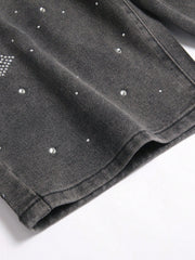 Men's Casual Summer Rhinestone Decor Oblique Pocket Denim Shorts
