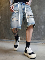 Men's Summer Casual Washed Distressed Loose Frayed Hem Denim Shorts