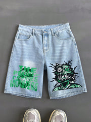 Light Blue Men's Loose Letter & Cartoon Print Washed Denim Shorts, Casual & Fashionable Streetwear Style Bermuda Shorts