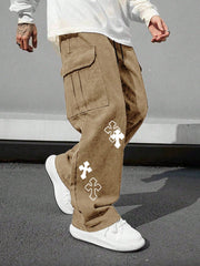 Pantalón cargo multibolsillos para hombre, corte holgado con estampado cruzado, ideal para playa, informal, deportes, actividades al aire libre, jogging, corte recto y holgado, ideal para cualquier temporada, estilo urbano, regalo para novio o esposo.