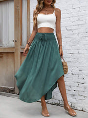 Breezaya Solid Drawstring Waist Curved Hem Skirt Maxi Vacation Beach Outfits Women
