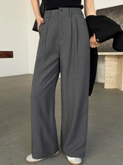 Pantalones de traje holgados plisados informales con bolsillo frontal y botones de color liso para mujer de DAZY, pantalones de vestir para mujer