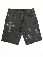 Men's Casual Summer Rhinestone Decor Oblique Pocket Denim Shorts